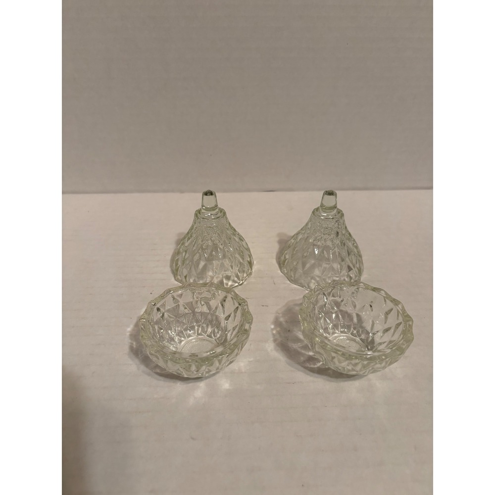 Vintage Diamond Point Cut Clear Glass Pear Trinket Dish Set of 2 Lidded Box - Picture 2 of 4